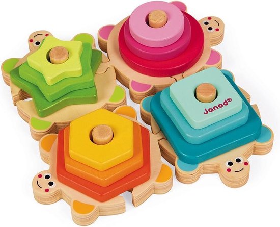 Janod I Wood - Stapel Schildpadjes - 4 Puzzel Schildpadden En 12 Stapelstukken - Om Vormen En Kleuren Te Ontdekken En Logica Te Ontwikkelen - Gemaakt Van FSC® Hout - Geschikt Vanaf 18 Maanden van Janod