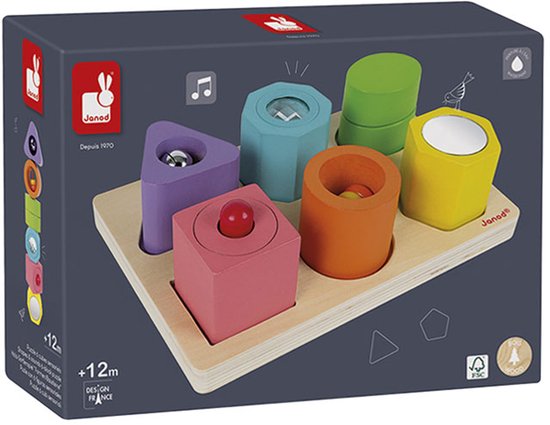 Janod - I Wood - Vorm En Geluid Puzzel - Om De Zintuigen Te Stimuleren - FSC® Houten Blokken En Puzzel - Geschikt Vanaf 1 Jaar van Janod