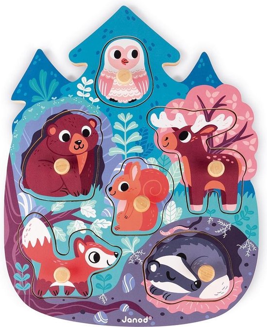 Janod Knoppuzzel - Bosdieren - Houten Puzzel Met 6 Stukjes - De Houten Pinnen Op Elk Stuk Maken Het Makkelijk Om Deze Vast Te Pakken - Geschikt Vanaf 18 Maanden van Janod