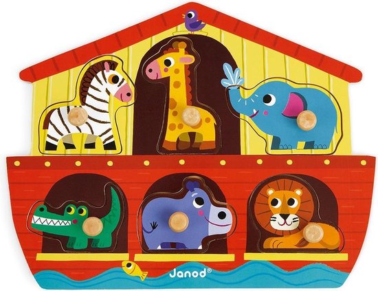 Janod Knoppuzzel - De Ark Van Noach - Houten Puzzel Met 6 Stukjes - De Houten Pinnen Op Elk Stuk Maken Het Makkelijk Om Deze Vast Te Pakken - Geschikt Vanaf 18 Maanden van Janod