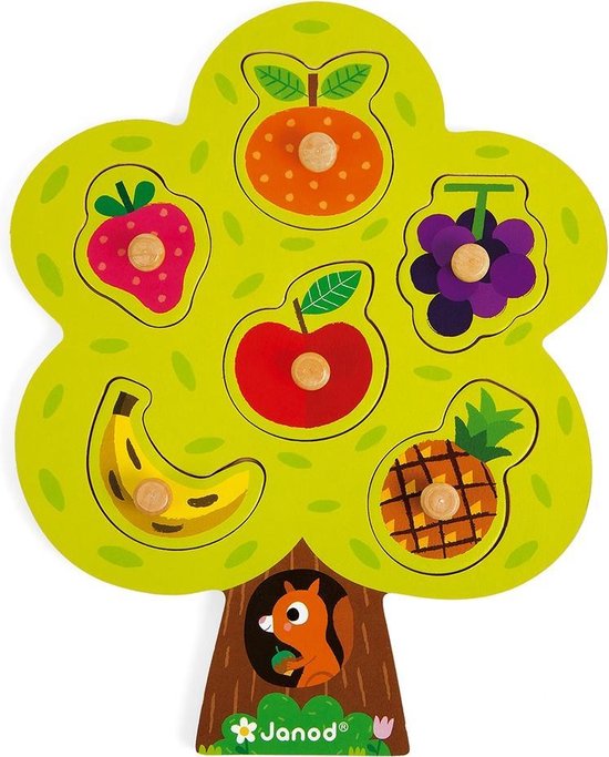 Janod Knoppuzzel - Fruitboom - Houten Puzzel Met 6 Stukjes - De Houten Pinnen Op Elk Stuk Maken Het Makkelijk Om Deze Vast Te Pakken - Geschikt Vanaf 18 Maanden van Janod