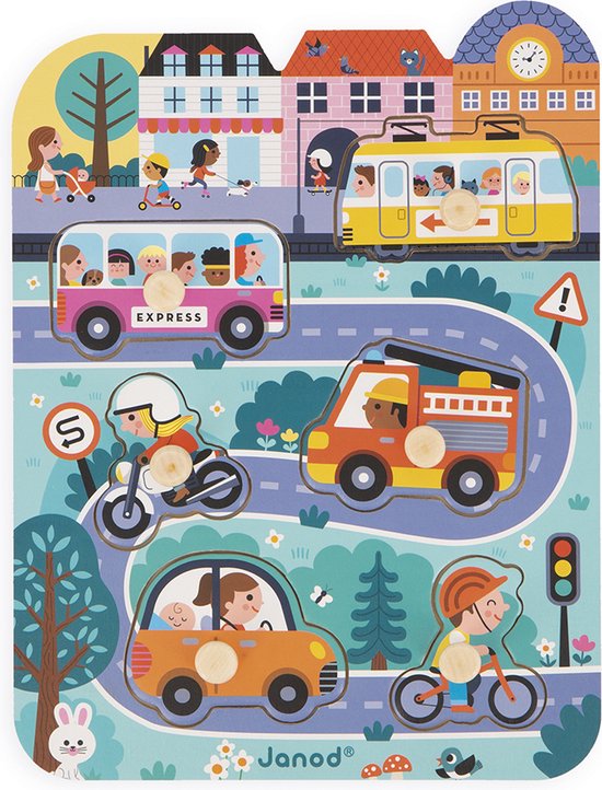 Janod Knoppuzzel - In De Stad - Houten Puzzel Met 6 Stukjes - De Houten Pinnen Op Elk Stuk Maken Het Makkelijk Om Deze Vast Te Pakken - Geschikt Vanaf 18 Maanden van Janod