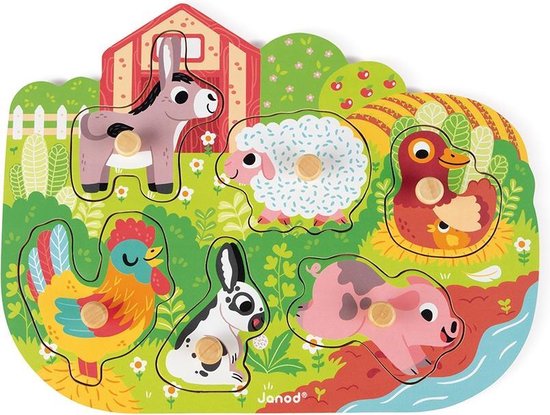 Janod Knoppuzzel - Vrolijke Boerderij - Houten Puzzel Met 6 Stukjes - De Houten Pinnen Op Elk Stuk Maken Het Makkelijk Om Deze Vast Te Pakken - Geschikt Vanaf 18 Maanden van Janod