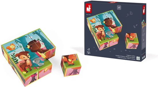 Janod Kubkid - Bosdieren - 9 Geïllustreerde Blokken Met Bosdieren - 2-In-1 Spel: Een Bouwspel En Puzzel - Geschikt Vanaf 2 Jaar van Janod