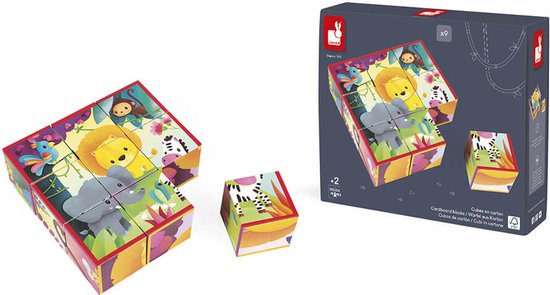 Janod Kubkid - Jungledieren - 9 Geïllustreerde Blokken Met Jungledieren - 2-In-1 Spel: Een Bouwspel En Puzzel - Geschikt Vanaf 2 Jaar van Janod