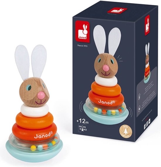Janod Lapin - Stapeltuimelaar Konijn - Stapelstukken Om Behendigheid Te Ontwikkelen - Een Ring Met Ballen Die In Elkaar Rinkelen! - Geschikt Vanaf 1 Jaar van Janod