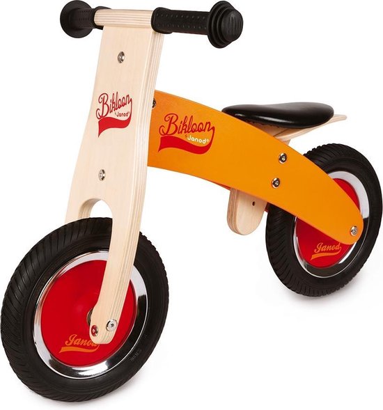 Janod Little Bikloon - Mijn Eerste Houten Loopfiets Oranje/Rood - Met Verstelbaar Zadel En Opblaasbare Banden - Geschikt Vanaf 2 Jaar van Janod