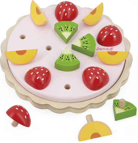 Janod - Mijn Eerste Fruittaart - Houten Speelset Met Taartbodem en Fruit - 15-Delig - Geschikt Vanaf 2 Jaar van Janod