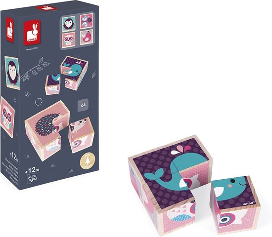 Janod - Mijn Eerste Houten Blokken - Baby Dieren - Bestaat Uit 4 Houten Blokken Met 6 Dieren Illustraties - Geschikt Vanaf 1 Jaar van Janod