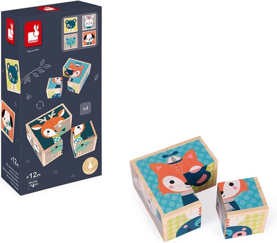 Janod - Mijn Eerste Houten Blokken - Bosdieren - Bestaat Uit 4 Houten Blokken Met 6 Dieren Illustraties - Geschikt Vanaf 1 Jaar van Janod