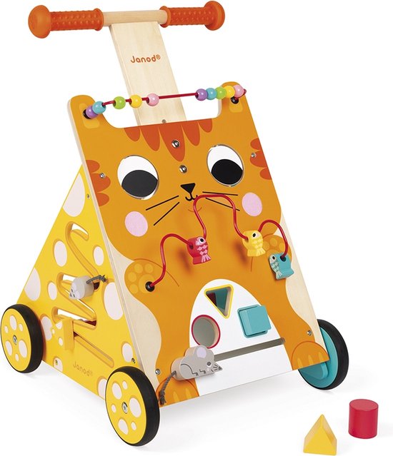 Janod - Multi-Activiteiten Houten Loopwagen Kat - Bevat 8 Verschillende Activiteiten - Inclusief In Hoogte Verstelbare Handgreep - Geschikt Vanaf 1 Jaar van Janod