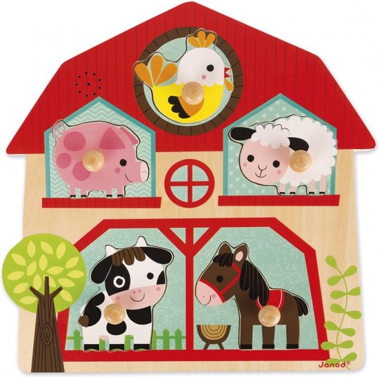 Janod Muziekpuzzel - De Vrienden Van De Boerderij - Houten Puzzel Met 5 Stukjes - Elk Puzzelstukje Maakt Een Eigen Dierengeluid - Geschikt Vanaf 18 Maanden van Janod