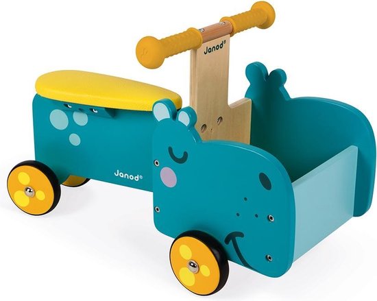 Janod - Nijlpaard Ride-On Houten Bakfiets - Loopfiets Met Ergonomische Handgrepen En Stille Wielen - Geschikt Vanaf 1 Jaar van Janod