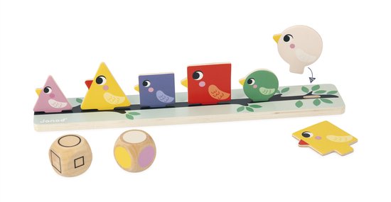 Janod Pedagogie - Vogels Sorteren Op Kleur, Grootte En Vorm - Het Spel Bestaat Uit Twee Takken, 72 Houten Vogels Om Te Plaatsen En 2 Dobbelstenen (Een Met Kleuren En De Andere Met Vormen En Verschillende Groottes) - Geschikt Vanaf 2 Jaar van Janod