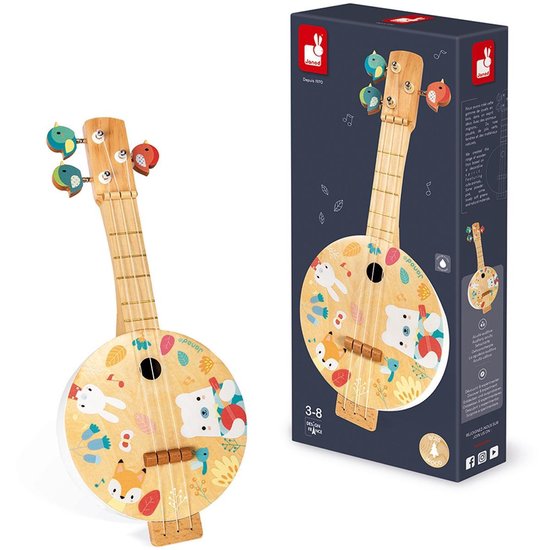 Janod Pure - Houten Banjo - Gemaakt Van Natuurlijk Hout Met Pastelkleuren - 3 Reserve Koorden Inbegrepen - Geschikt Vanaf 3 Jaar van Janod
