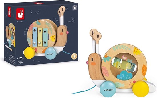 Janod Pure - Trekfiguur Slak - De Antennes Van De Slak Zijn Afneembaar En Worden Stokjes Om Op De Xylofoon En Tamboerijn Te Tikken - Geschikt Vanaf 1 Jaar van Janod