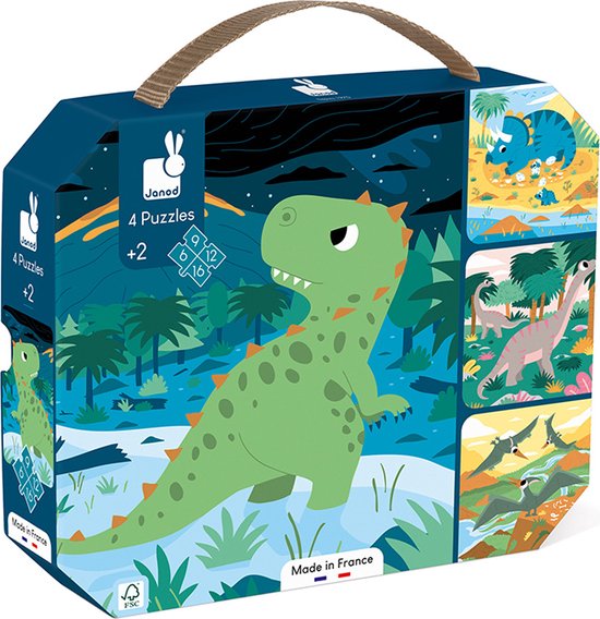 Janod Puzzel - 4 Dinosaurus Puzzels In koffer - De Allereerste Puzzels Voor Dinosaurusfans - 6, 9, 12 En 16 Stukjes - Geschikt Vanaf 2 Jaar van Janod