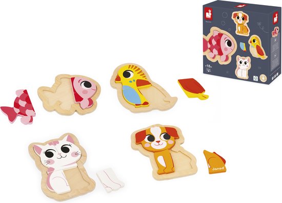 Janod - Puzzel Huisdieren - Houten Puzzelset Met 4 Puzzels, Variërend Van 2 Tot 5 Stukjes - Perfect Voor Het Ontwikkelen Van De Fijne Motoriek En Coördinatie! - Geschikt Vanaf 18 Maanden van Janod