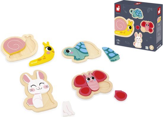 Janod - Puzzel Tuin - Houten Puzzelset Met 4 Puzzels, Variërend Van 2 Tot 5 Stukjes - Perfect Voor Het Ontwikkelen Van De Fijne Motoriek En Coördinatie! - Geschikt Vanaf 18 Maanden van Janod