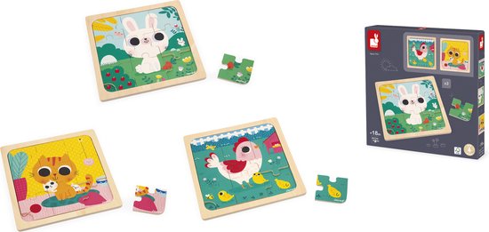 Janod - Puzzelset Met Houten Puzzels In Dierenthema - 3 Puzzels Met 9 Stukken - Geschikt Vanaf 18 Maanden van Janod