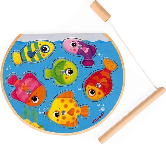 Janod - Puzzelspel Snelle Vissen - Houten 2-In-1 Puzzel Bestaande Uit 6 Vissen En Een Magnetische Hengel Om Een Visspel Te Spelen - Geschikt Vanaf 18 Maanden van Janod