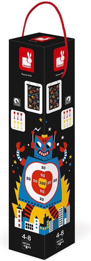 Janod Spel - Dartspel Robots - Een Dubbelzijdig Magnetisch Dartbord Voor Twee Keer Zoveel Plezier! - Daag Je Naasten Uit Voor Een Wedstrijd Met De 6 Bijgeleverde Gekleurde Darts - Geschikt Vanaf 4 Jaar van Janod