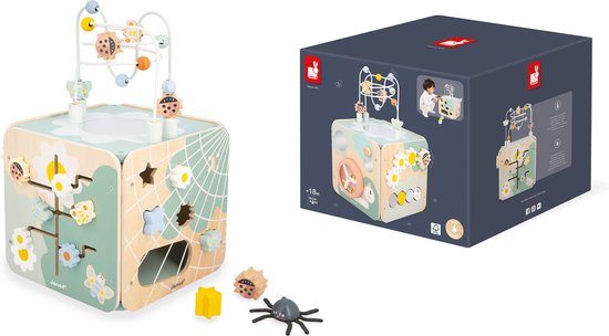 Janod Sweet Cocoon - Activiteitenkubus Maxi - Houten Speelkubus Met Meer Dan 11 Verschillende Activiteiten - Ideaal Om De Fijne Motoriek Te Ontwikkelen, En Vormen En Kleuren Te Leren - Geschikt Vanaf 18 Maanden van Janod