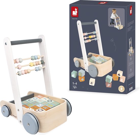 Janod Sweet Cocoon - Duwkar Blokken ABC - Een Activiteitenwagen Voor De Eerste Pasjes - Inclusief 20 Blokken Met De Letters Van Het Alfabet, Cijfers En Eenvoudige Vormen, En Een Telraam Met 3 Rijen Om Te Leren Tellen - Geschikt Vanaf 1 Jaar van Janod