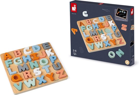 Janod Sweet Cocoon - Houten Alfabet Puzzel - Met Krijtbord Op De Achterkant Om Het Schrijven Van Letters Te Oefenen! - Geschikt Vanaf 2 Jaar van Janod