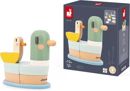 Janod Sweet Cocoon - Houten Stapeltoren Eend - Ontwikkel De Fijne Motoriek Met Deze 7 houten Stukken En Vorm Een Eend - Geschikt Vanaf 12 Maanden van Janod