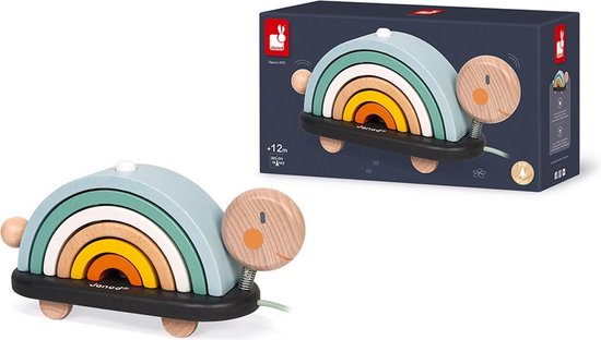 Janod Sweet Cocoon - Houten Trekfiguur Regenboog Schildpad - 2-in-1 Speelgoed: Trekfiguur en Constructiespeelgoed - Geschikt Vanaf 18 Maanden van Janod