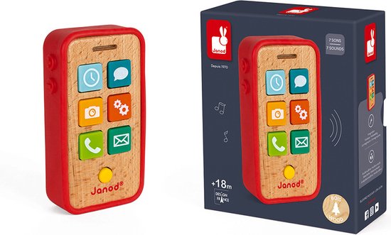 Janod - Telefoon Met Geluid - Met De 7 Zachte Plastic Knoppen Die Verschillende Geluiden Produceren, Kan Je Kind Een Wekker Zetten, Foto's Maken, Berichten Bekijken En Urenlang Chatten Met Vriendjes En Vriendinnetjes - Geschikt Vanaf 18 Maanden van Janod
