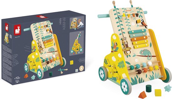Janod Tropik - Baby Loopwagen - Houten Looptrainer Met 6 Activiteiten: Telraam, Een Vormendoos, Een Schattig Glijdend Aapje, Een Doolhof, Glijdende Kralen En Een Xylofoon! - Geschikt Vanaf 1 Jaar van Janod