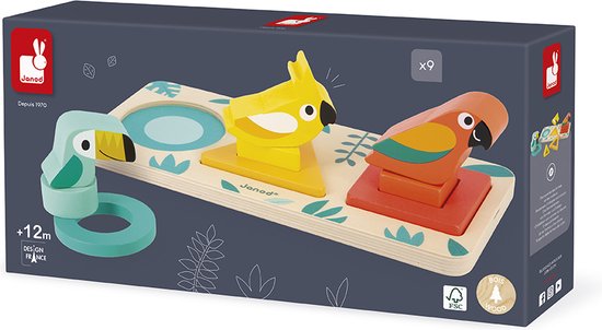 Janod Tropik - Drie Vormen Vogels - Maak Kennis Met Vormen En Kleuren Dankzij Deze 6 Geometrische Vormen En 3 Vogels! - Geschikt Vanaf 1 Jaar van Janod