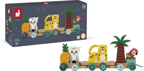 Janod Tropik - Trekfiguur Tropen Express Trein - Grote Meerkleurige Houten Trein Met Dieren - 2-In-1 Speelfiguur: Trekfiguur En Stapelspeelgoed - Lengte Van Het Touwtje: 50 Cm - Geschikt Vanaf 1 Jaar van Janod