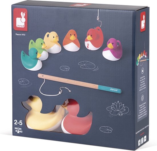 Janod - Visspel Eendjes - 6 Plastic Eendjes En 2 Houten Hengels - Inclusief Superhandige Opbergtas - Geschikt Vanaf 2 Jaar van Janod