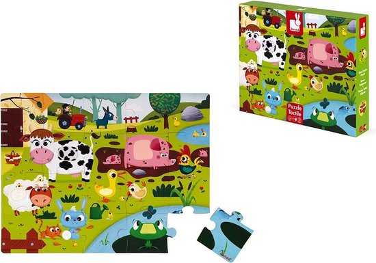 Janod Voelpuzzel - Boerderijdieren - Reuze 20-Delige Puzzel Van Stevig Karton, Met 7 Stukjes Met Texturen - Inclusief Poster - Geschikt Vanaf 2 Jaar van Janod