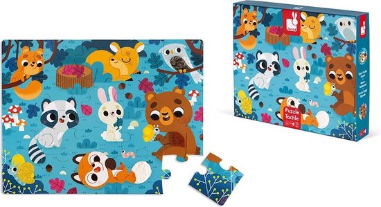Janod Voelpuzzel - Bosdieren - Reuze 20-Delige Puzzel Van Stevig Karton, Met 7 Stukjes Met Texturen - Inclusief Poster - Geschikt Vanaf 2 Jaar van Janod
