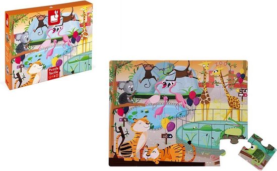 Janod Voelpuzzel - Een Dag In De Dierentuin - Reuze 20-Delige Puzzel Van Stevig Karton, Met 7 Stukjes Met Texturen - Inclusief Poster - Geschikt Vanaf 2 Jaar van Janod