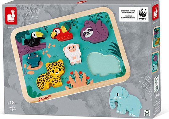 Janod WWF - Chunky Puzzel Jungle - In samenwerking met WWF® - De 7 Grote, Diervormige Stukjes Moedigen Je Kind Aan Om Leuke Verhalen Te Verzinnen - Geschikt Vanaf 18 Maanden van Janod