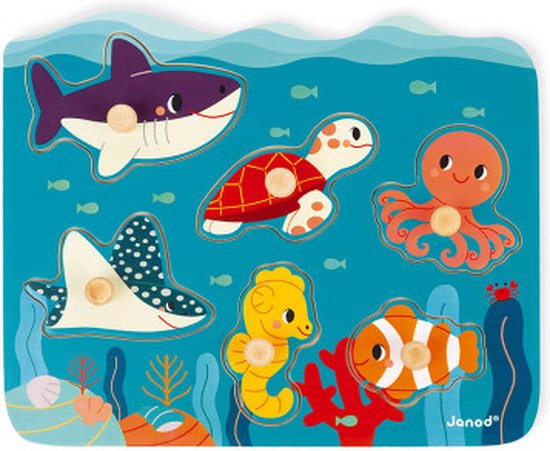 Janod WWF - Knoppuzzel Oceaan - Houten Puzzel Met 6 Stukjes - De Houten Pinnen Op Elk Stuk Maken Het Makkelijk Om Deze Vast Te Pakken - Geschikt Vanaf 18 Maanden van Janod