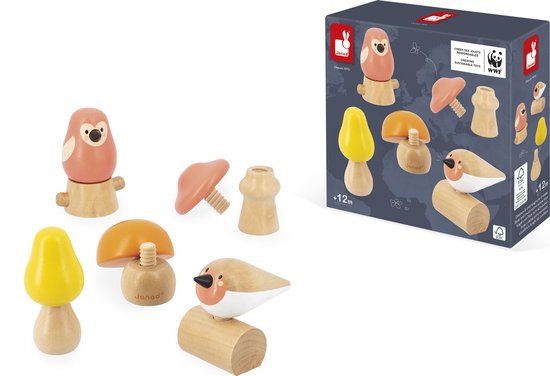 Janod WWF - Leer Schroeven Met Vogels En Paddenstoelen - 3 Mooie Houten Paddenstoelen, 1 Uil En 1 Roodborstje Om In Elkaar Te Zetten - Geschikt Vanaf 18 Maanden van Janod