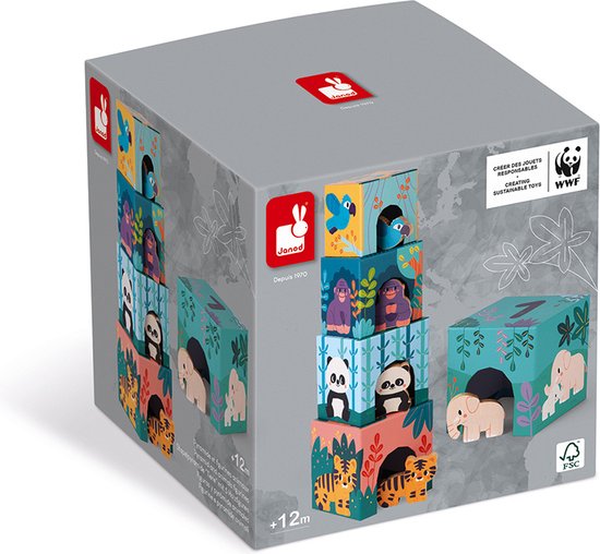 Janod WWF - Stapeltoren Met Houten Dierenfiguren - Mooie Vierkante Kartonnen Toren Voor Uren Speelplezier! - Geschikt Vanaf 1 Jaar van Janod