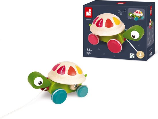 Janod Zigolos - Trekfiguur Schildpad - Houten Speelfiguur - Koordlengte: 50 cm - Geschikt Vanaf 1 Jaar van Janod