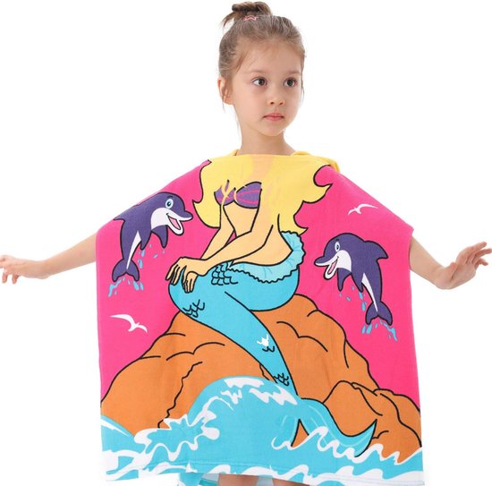 JAXY Badcape Baby - Badcape - Baby Badjas - Omslagdoek - Omslagdoek - Baby Handdoek Met Capuchon - Strandhanddoek - Badponcho - Poncho Handdoek - Microfiber - 60x90cm - Zeemeermin Op Rots van JAXY