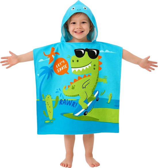 JAXY - Badcape Baby met Capuchon – Zachte Sneldrogende Badponcho Kind – Microvezel Poncho Handdoek voor Meisje & Jongen – Strandponcho voor Kinderen - Dino Skateboard van JAXY