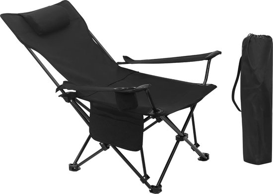 Jeghi® Campingstoel 2 in 1 - Kampeerstoel - Vouwstoel - Picknickstoel - Strandstoel - Lichtgewicht - Opvouwbaar - met Hoofdsteun - met Bekerhouder - incl. Draagtas - 58.5x83x88.5cm - Zwart van Jeghi®