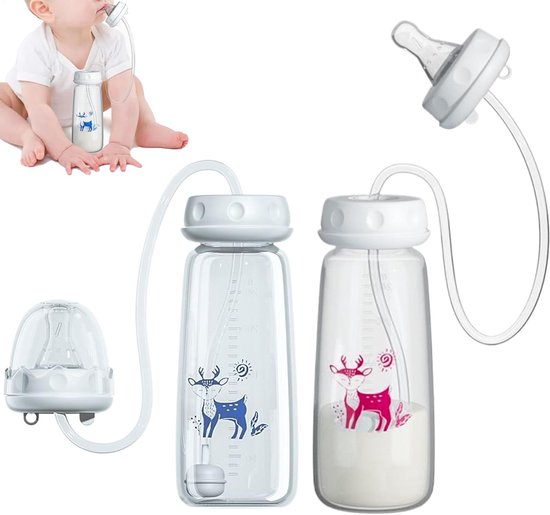 JeiibrZui Anti-Koliek Fles - 240ml - 2 Stuks Handsfree Voedingssysteem Met Slang En Snelle Speen - Transparant van Merkloos