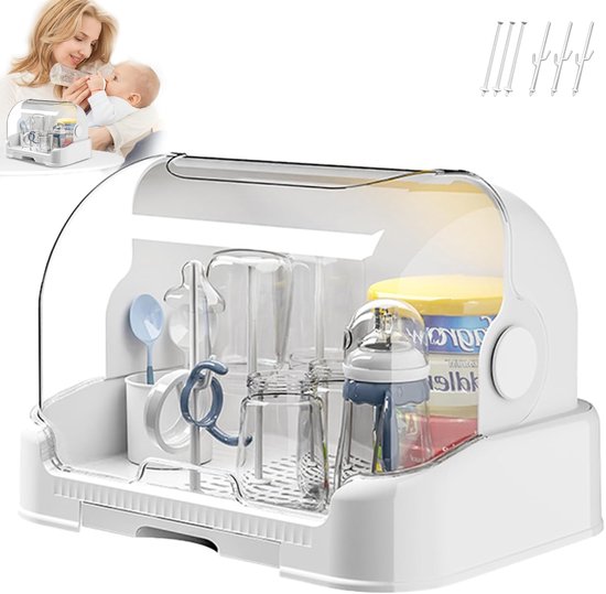 JeiibrZui Baby Organizer - Babyfles Droogrek Met Afdekking - 40x29x26,5 Cm - 1 Set Inclusief Druipbak - Transparant Wit Voor Keuken En Kinderkamer van Merkloos