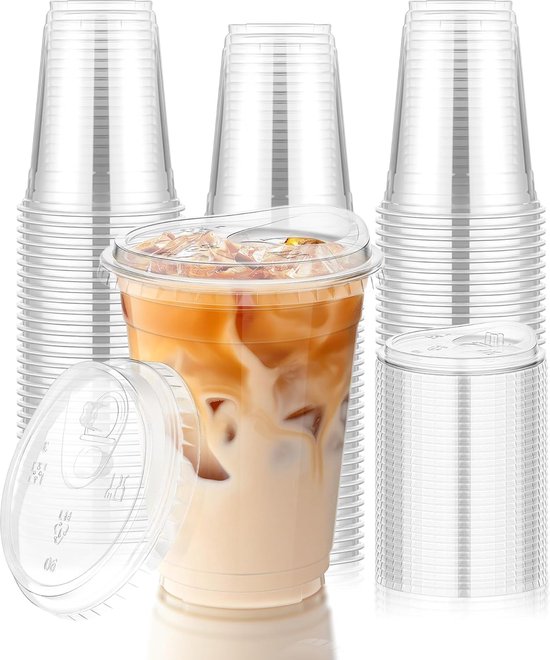 JeiibrZui beker - 480ml - 100 Stuks Met Sip Deksel - Transparant Voor Ijskoffie Smoothies En Koude Dranken